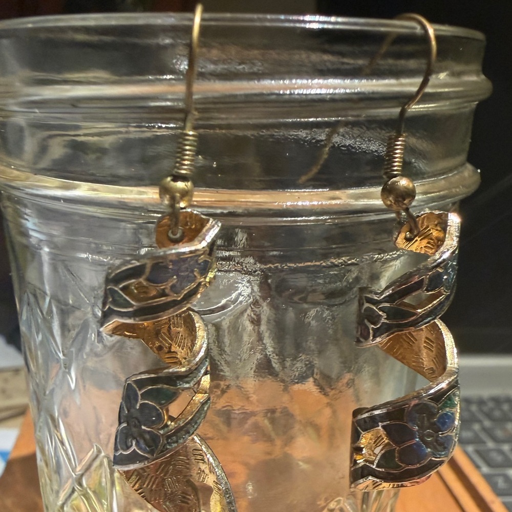 Vintage Colorful Gold and Floral Spiral Earrings - Picture 4 of 6